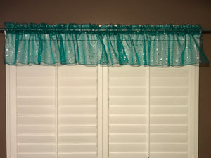 Silver Stars on Sheer Organza Tinted Window Valance 58" Wide Teal