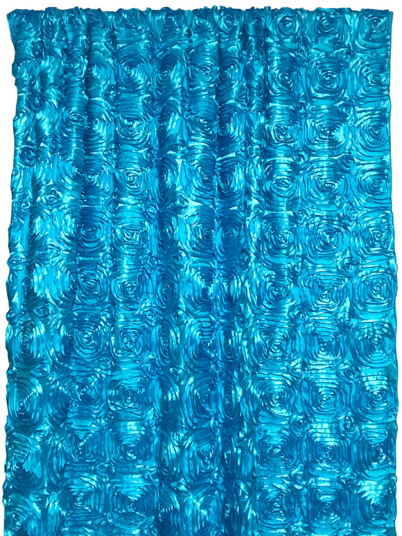 Satin Rosette 3D Pop up Flower Single Curtain Panel 54 Inch Wide Turquoise