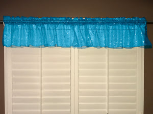 Silver Stars on Sheer Organza Tinted Window Valance 58" Wide Turquoise