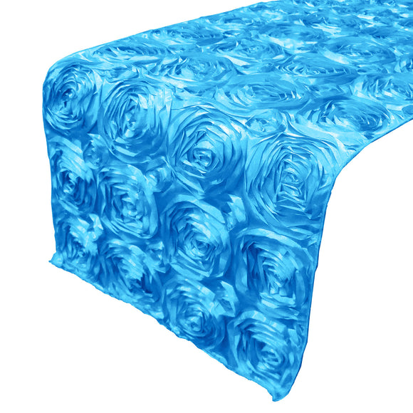 Satin Rosette Table Runner Raised Roses Turquoise