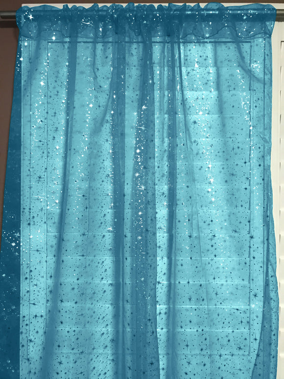Silver Stars on Sheer Tinted Organza Solid Single Curtain Panel 58 Inch Wide Turquoise