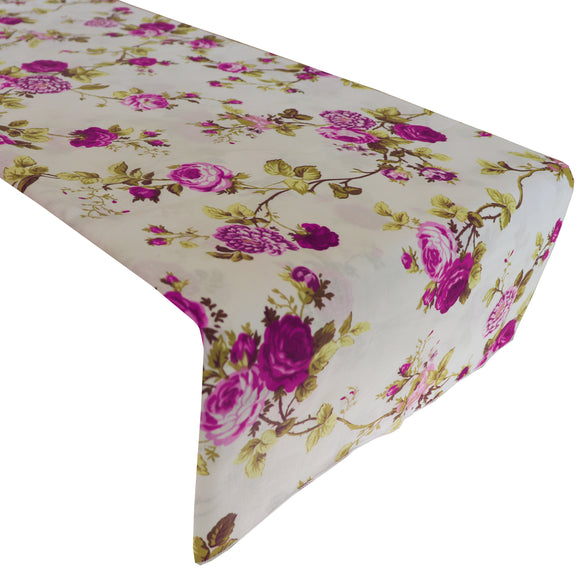 Cotton Print Table Runner Floral Vintage Flowers Magenta on White