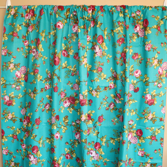 Cotton Curtain Floral Print 58 Inch Wide Vintage Floral Large Roses Teal
