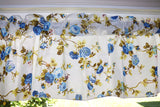 Cotton Window Valance Floral Print 58 Inch Wide Vintage Floral Large Roses Blue on White
