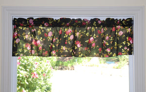 Cotton Window Valance Floral Print 58 Inch Wide Vintage Floral Large Roses Black