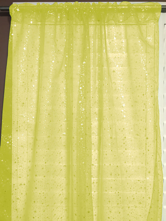 Silver Stars on Sheer Tinted Organza Solid Single Curtain Panel 58 Inch Wide Yellow