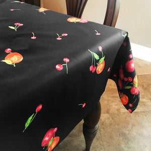 Cotton Tablecloth Fruits Print Apples and Cherries Border - Black