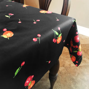 Cotton Tablecloth Fruits Print Apples and Cherries Border Black