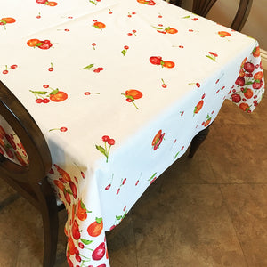 Cotton Tablecloth Fruits Print Apples and Cherries Border - White