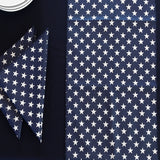 Table Set 4th of July Decor includes 1 Navy Polyester Tablecloth, a Pack of Navy Star Napkins, and 1 Navy Star Runner
