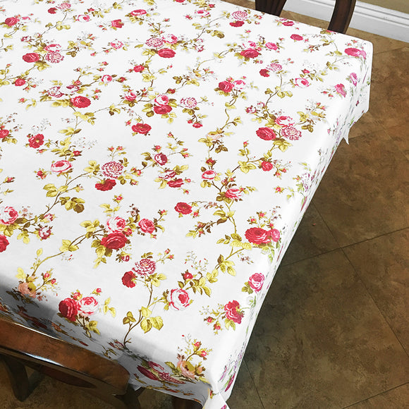 Cotton Tablecloth Floral Print Vintage Floral Large Roses Red on White